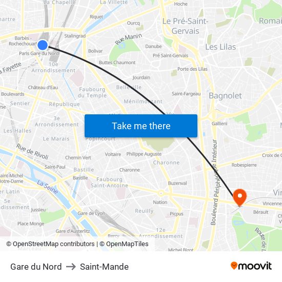 Gare du Nord to Saint-Mande map