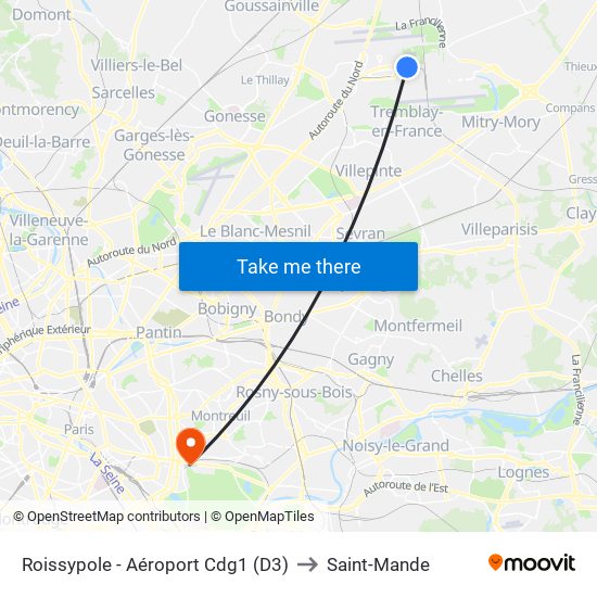 Roissypole - Aéroport Cdg1 (D3) to Saint-Mande map