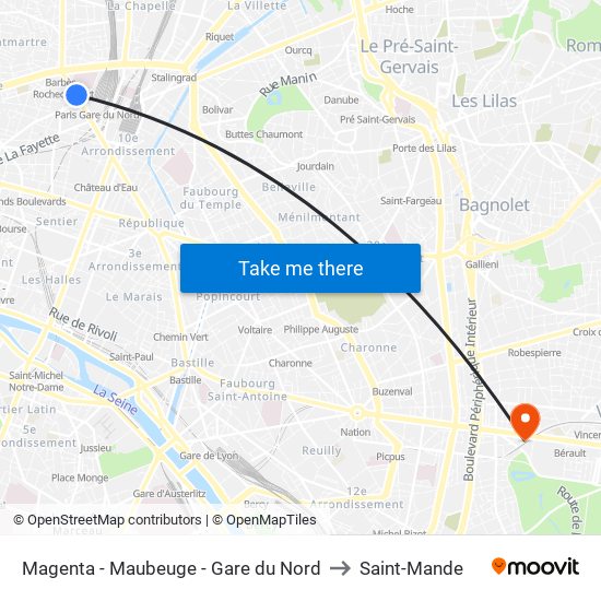 Magenta - Maubeuge - Gare du Nord to Saint-Mande map