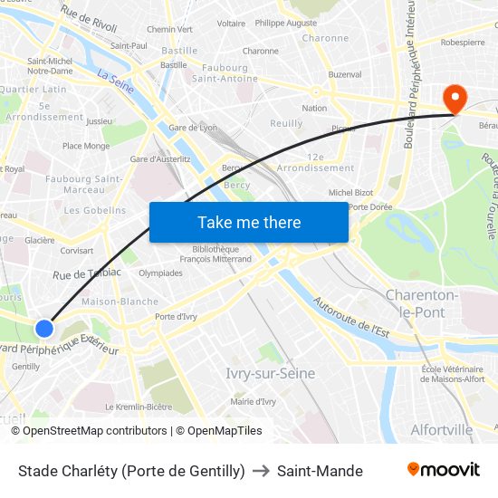 Stade Charléty (Porte de Gentilly) to Saint-Mande map