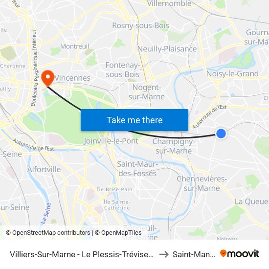 Villiers-Sur-Marne - Le Plessis-Trévise RER to Saint-Mande map