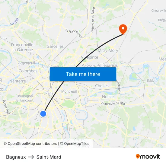 Bagneux to Saint-Mard map