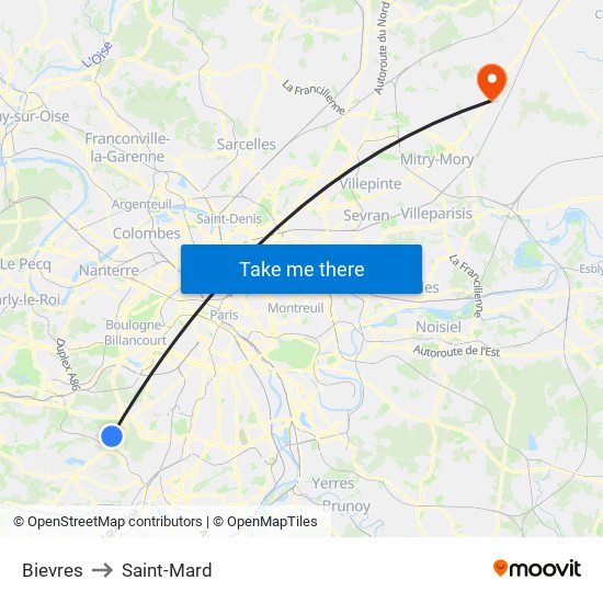 Bievres to Saint-Mard map