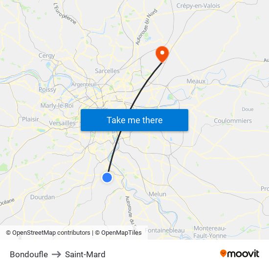 Bondoufle to Saint-Mard map