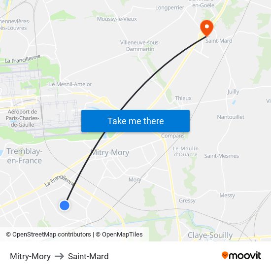 Mitry-Mory to Saint-Mard map