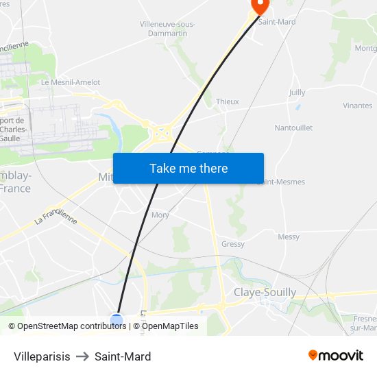 Villeparisis to Saint-Mard map