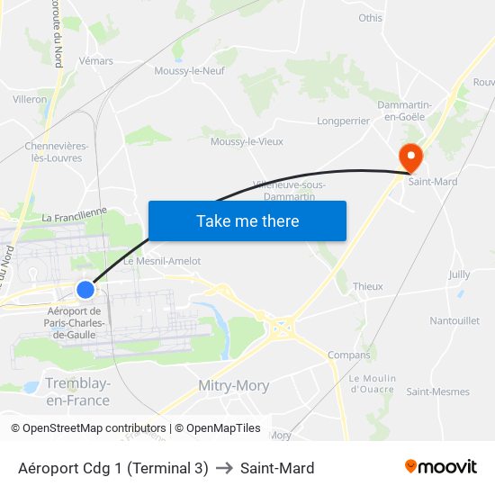 Aéroport Cdg 1 (Terminal 3) to Saint-Mard map