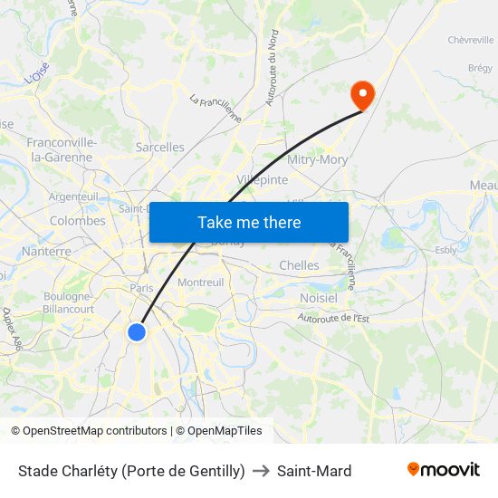 Stade Charléty (Porte de Gentilly) to Saint-Mard map