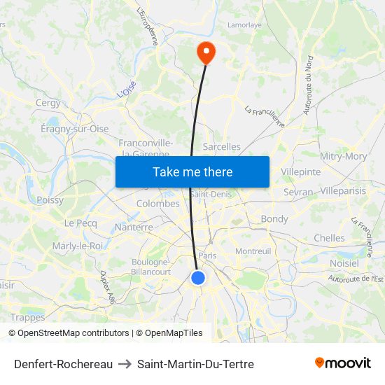 Denfert-Rochereau to Saint-Martin-Du-Tertre map