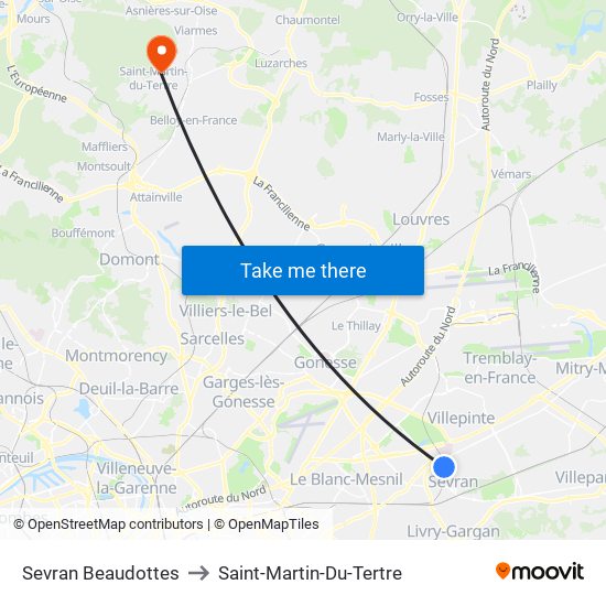 Sevran Beaudottes to Saint-Martin-Du-Tertre map