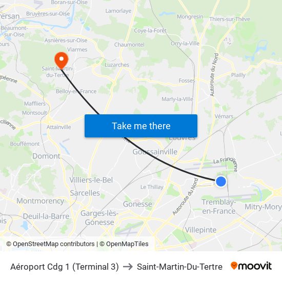 Aéroport Cdg 1 (Terminal 3) to Saint-Martin-Du-Tertre map