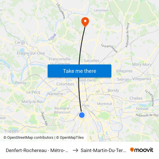 Denfert-Rochereau - Métro-Rer to Saint-Martin-Du-Tertre map