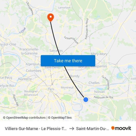 Villiers-Sur-Marne - Le Plessis-Trévise RER to Saint-Martin-Du-Tertre map