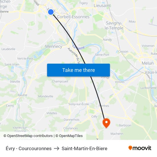 Évry - Courcouronnes to Saint-Martin-En-Biere map