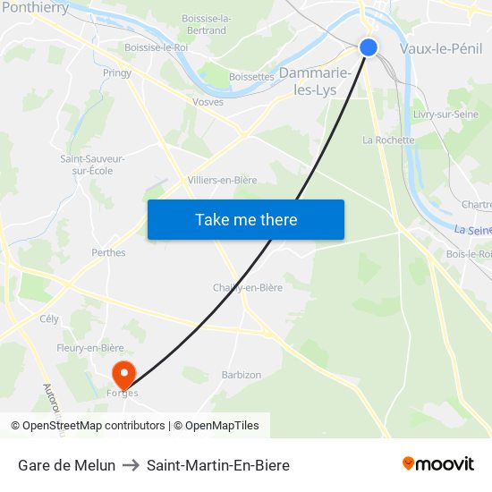 Gare de Melun to Saint-Martin-En-Biere map