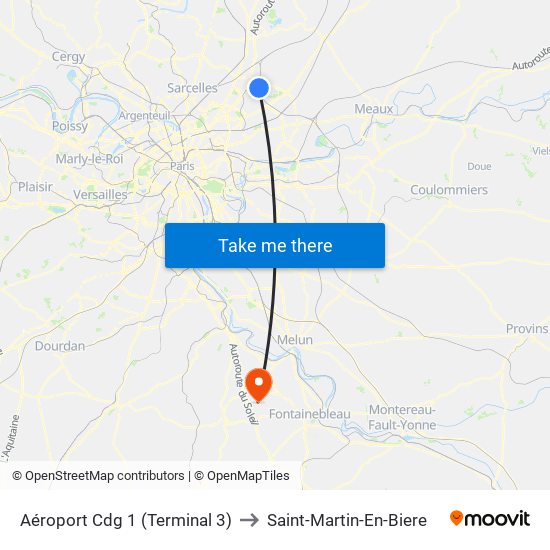 Aéroport Cdg 1 (Terminal 3) to Saint-Martin-En-Biere map