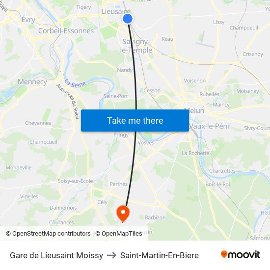 Gare de Lieusaint Moissy to Saint-Martin-En-Biere map