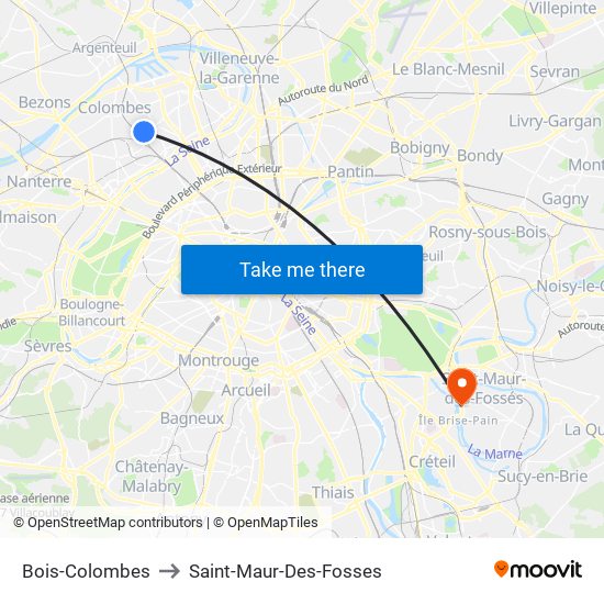 Bois-Colombes to Saint-Maur-Des-Fosses map