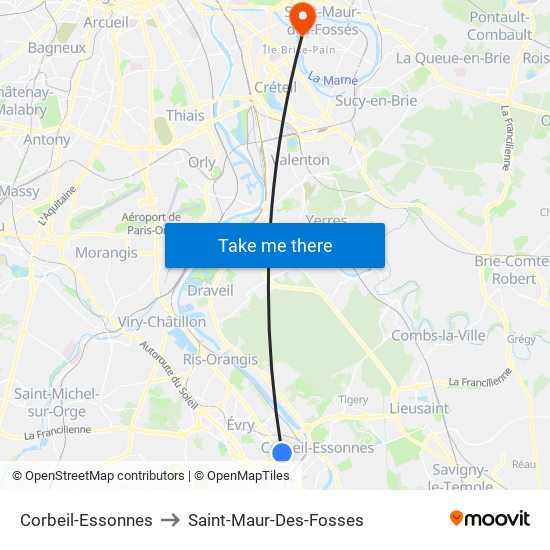 Corbeil-Essonnes to Saint-Maur-Des-Fosses map