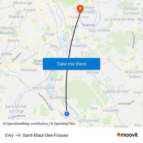 Evry to Saint-Maur-Des-Fosses map