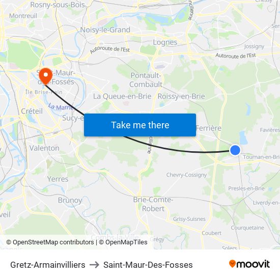 Gretz-Armainvilliers to Saint-Maur-Des-Fosses map