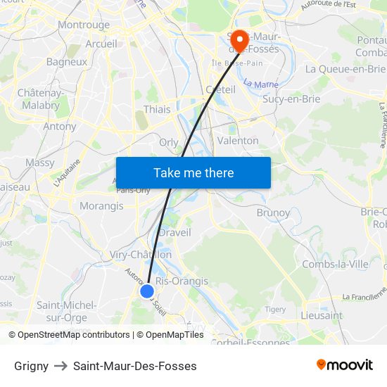 Grigny to Saint-Maur-Des-Fosses map