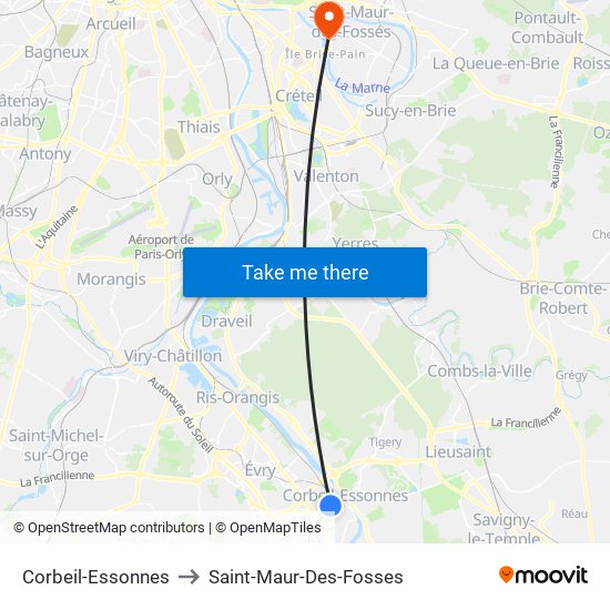 Corbeil-Essonnes to Saint-Maur-Des-Fosses map