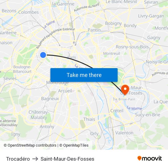 Trocadéro to Saint-Maur-Des-Fosses map
