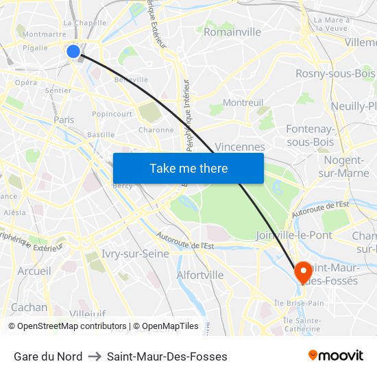 Gare du Nord to Saint-Maur-Des-Fosses map