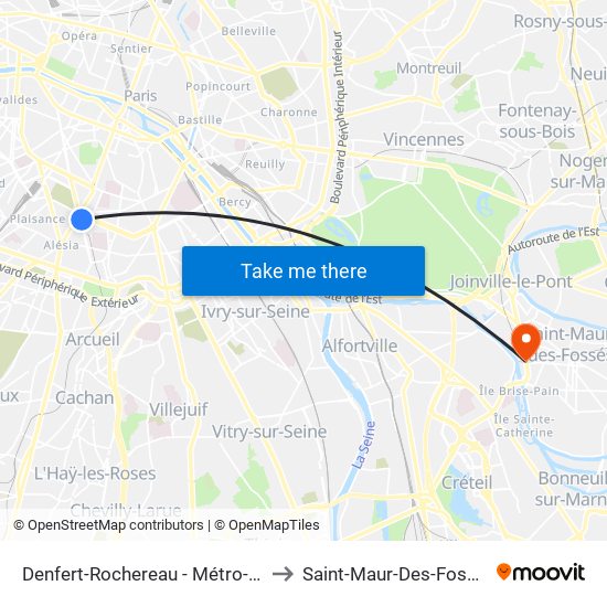 Denfert-Rochereau - Métro-Rer to Saint-Maur-Des-Fosses map