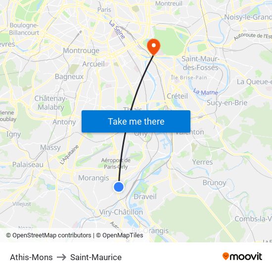 Athis-Mons to Saint-Maurice map