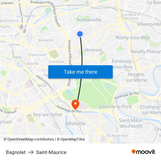 Bagnolet to Saint-Maurice map