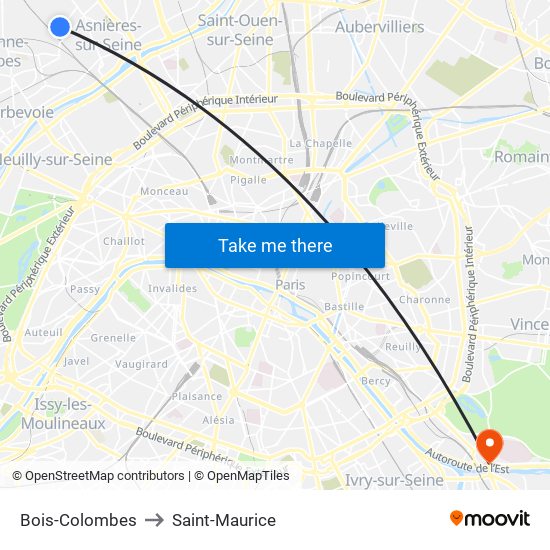 Bois-Colombes to Saint-Maurice map