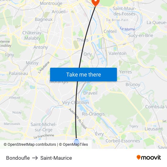 Bondoufle to Saint-Maurice map