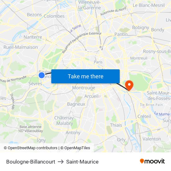 Boulogne-Billancourt to Saint-Maurice map