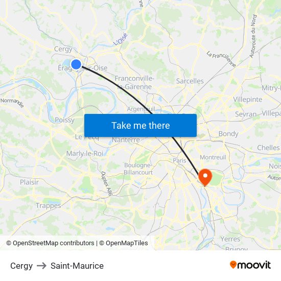 Cergy to Saint-Maurice map