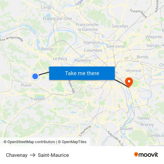 Chavenay to Saint-Maurice map