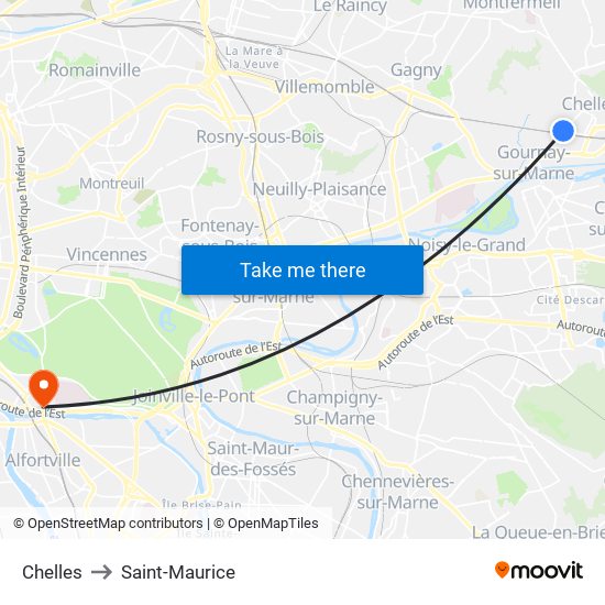 Chelles to Saint-Maurice map