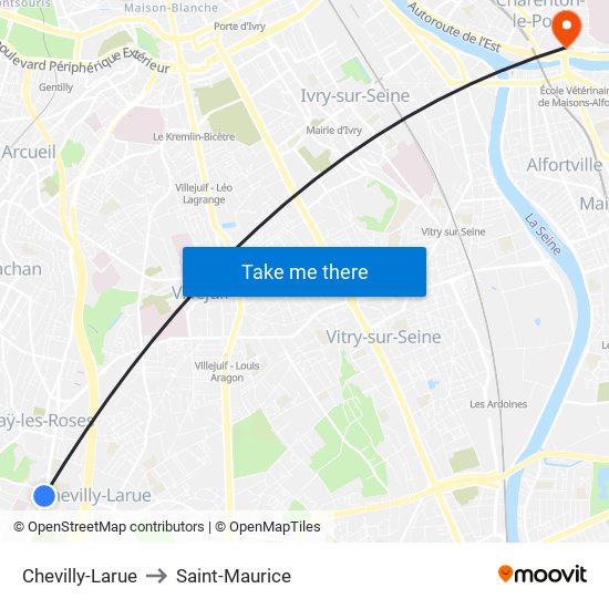 Chevilly-Larue to Saint-Maurice map