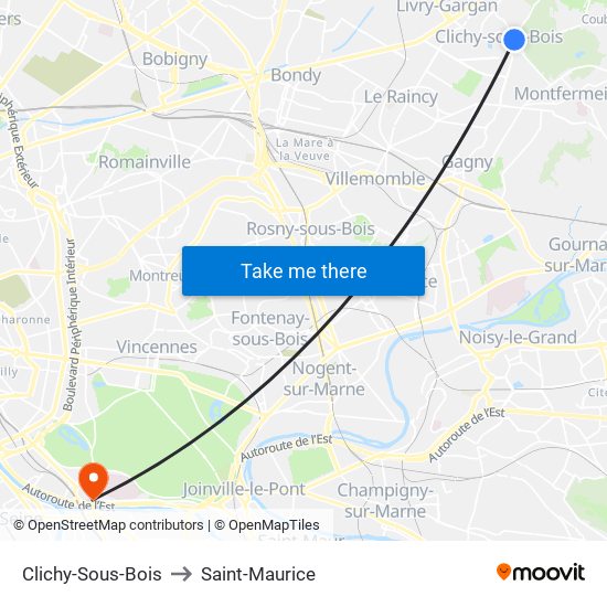 Clichy-Sous-Bois to Saint-Maurice map