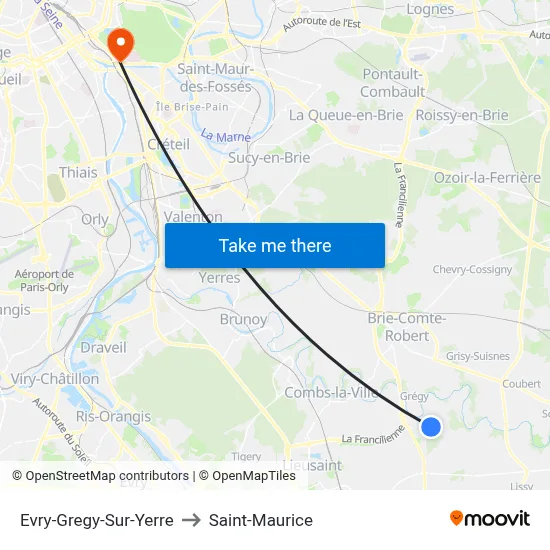 Evry-Gregy-Sur-Yerre to Saint-Maurice map