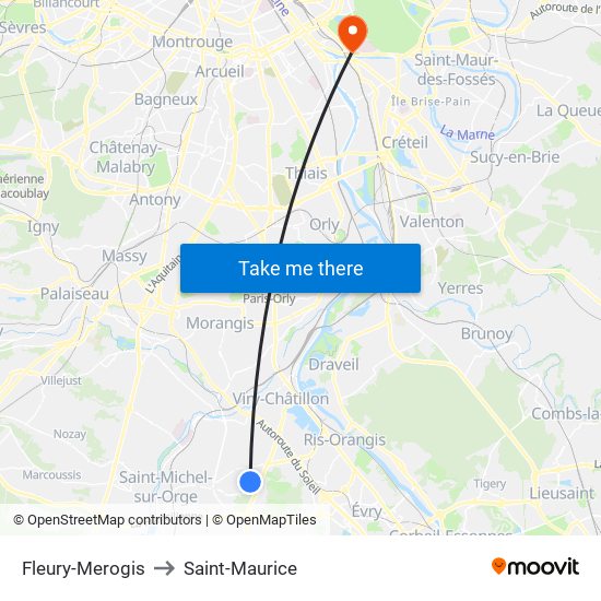 Fleury-Merogis to Saint-Maurice map