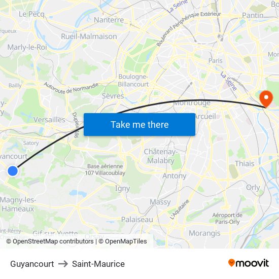 Guyancourt to Saint-Maurice map