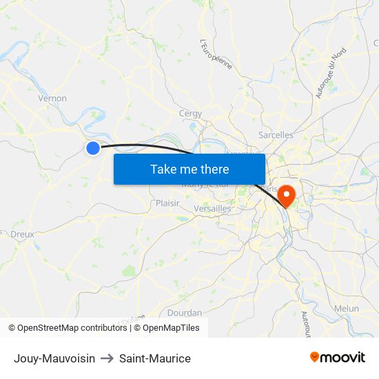 Jouy-Mauvoisin to Saint-Maurice map