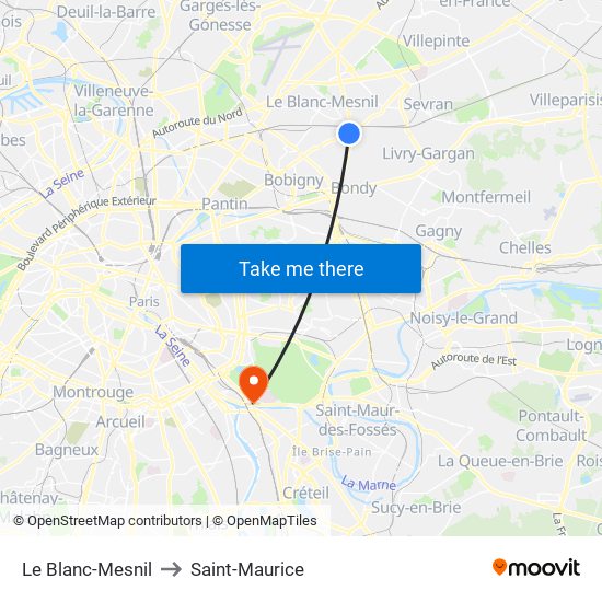 Le Blanc-Mesnil to Saint-Maurice map