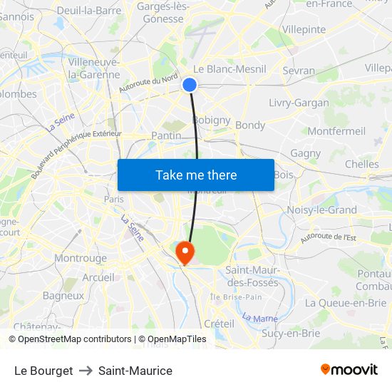 Le Bourget to Saint-Maurice map