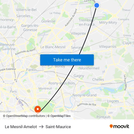 Le Mesnil-Amelot to Saint-Maurice map