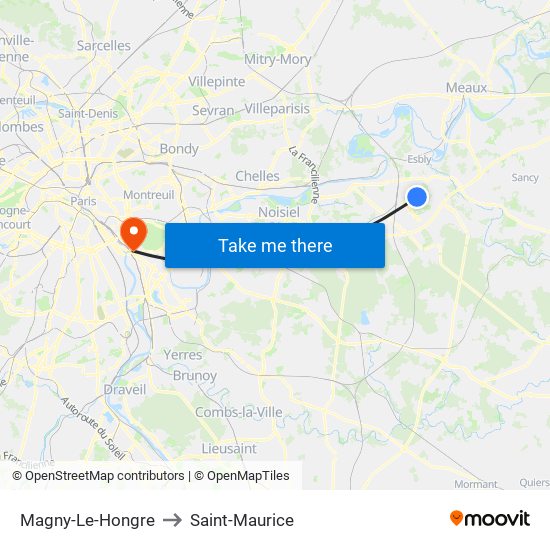 Magny-Le-Hongre to Saint-Maurice map