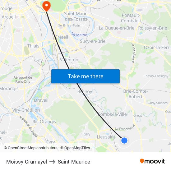 Moissy-Cramayel to Saint-Maurice map