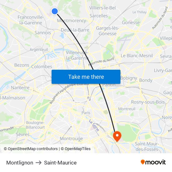 Montlignon to Saint-Maurice map